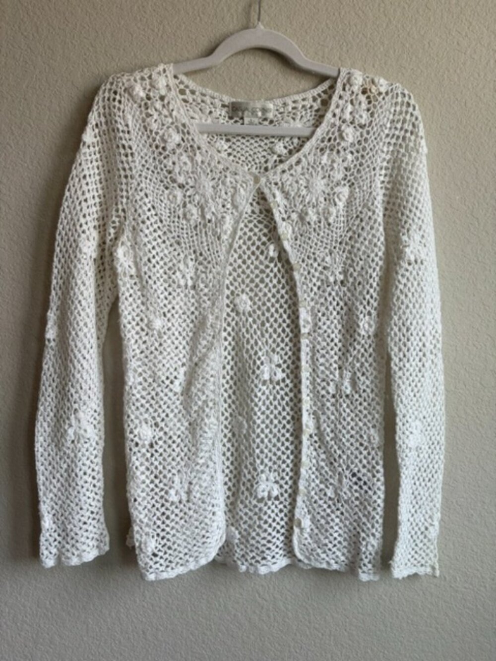Vintage Casual Corner Crochet White Cardigan Womens Large Y2K Cottagecore FairyV - Picture 2 of 11